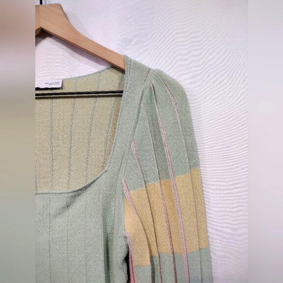 Zara Pleated Knit Crop Top Womens S Green Yellow Square Neck Boho Retro 90s Y2K - Picture 4 of 11